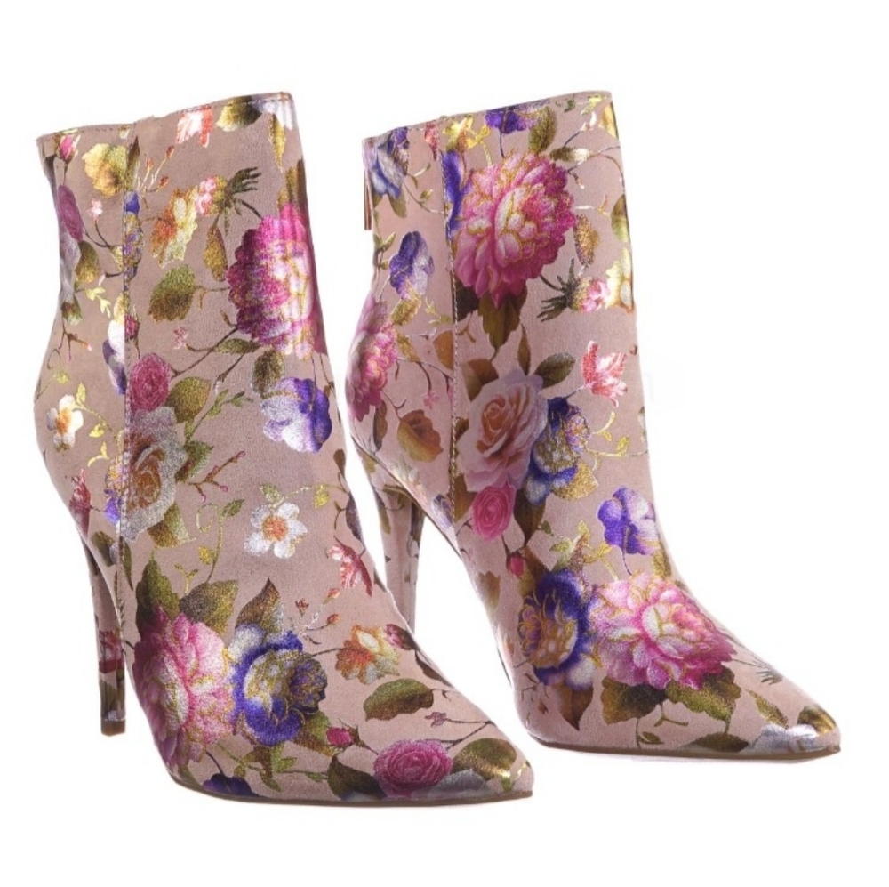 Pink Faux-Fur Lined Floral Silhouette Jacquard Stiletto HighHeel Booties Blush